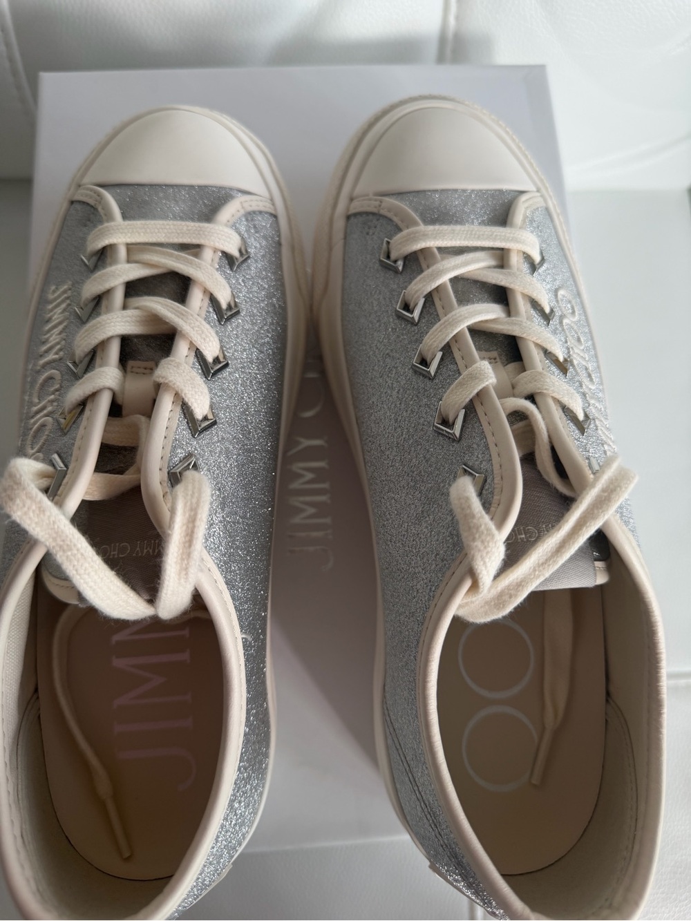 Jimmy Choo Silver Glitter Platform Sneakers with Cream Trim - Picture 4 of 7